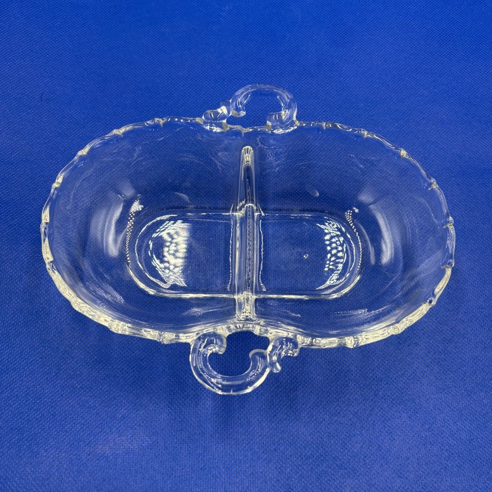VTG ELEGANT FOSTORIA GLASS RUFFLE EDGE DIVIDED DISH WITH HANDLES CENTURY PATTERN